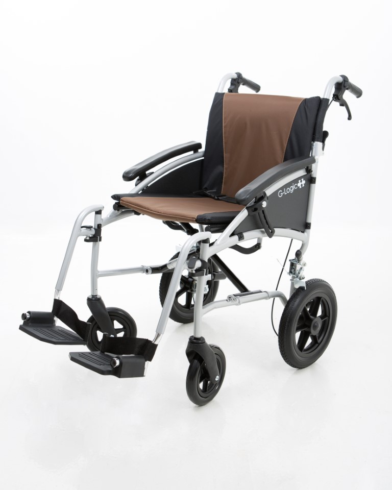 Excel G-Logic Lightweight Transit Wheelchair With 18'' Silver Frame and Brown Upholstery
